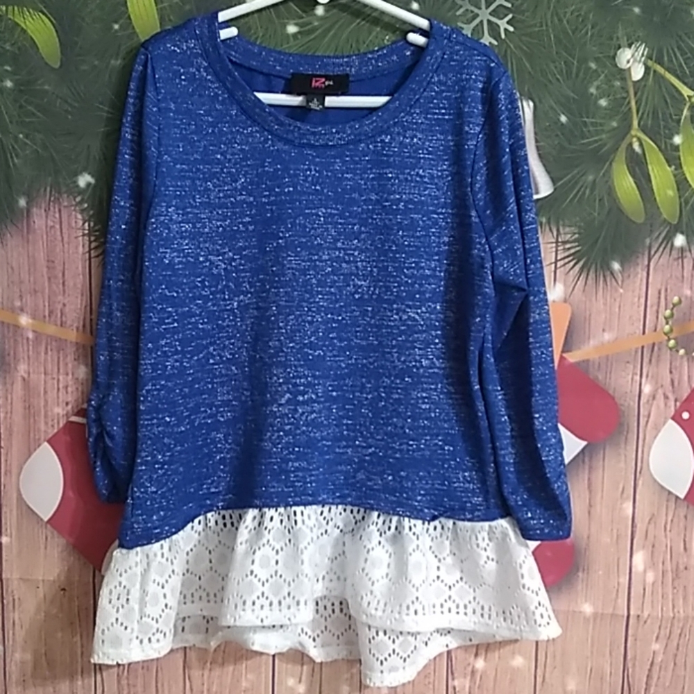 Iz Byer blue metallic ruffle trimmed long sleeve L